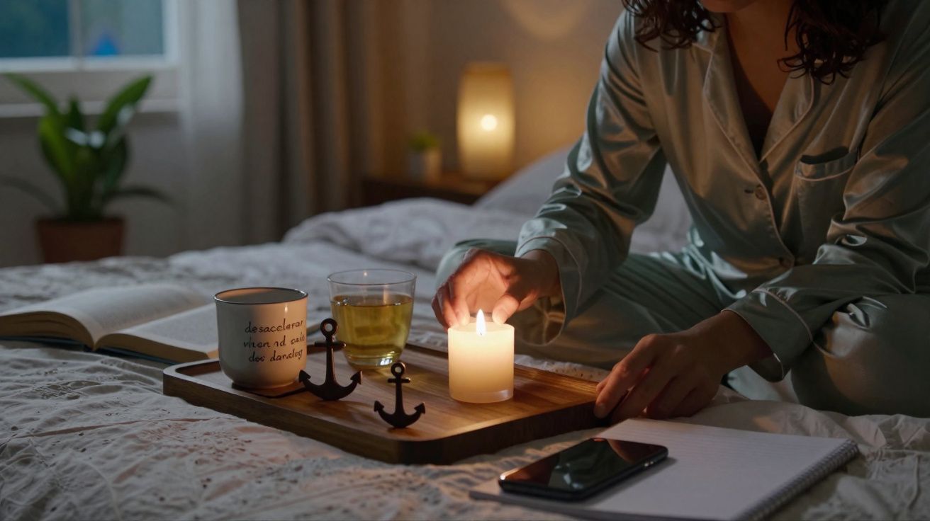 Pessoa em pijama acende vela num tabuleiro com caneca, chá, e objetos decorativos numa cama.