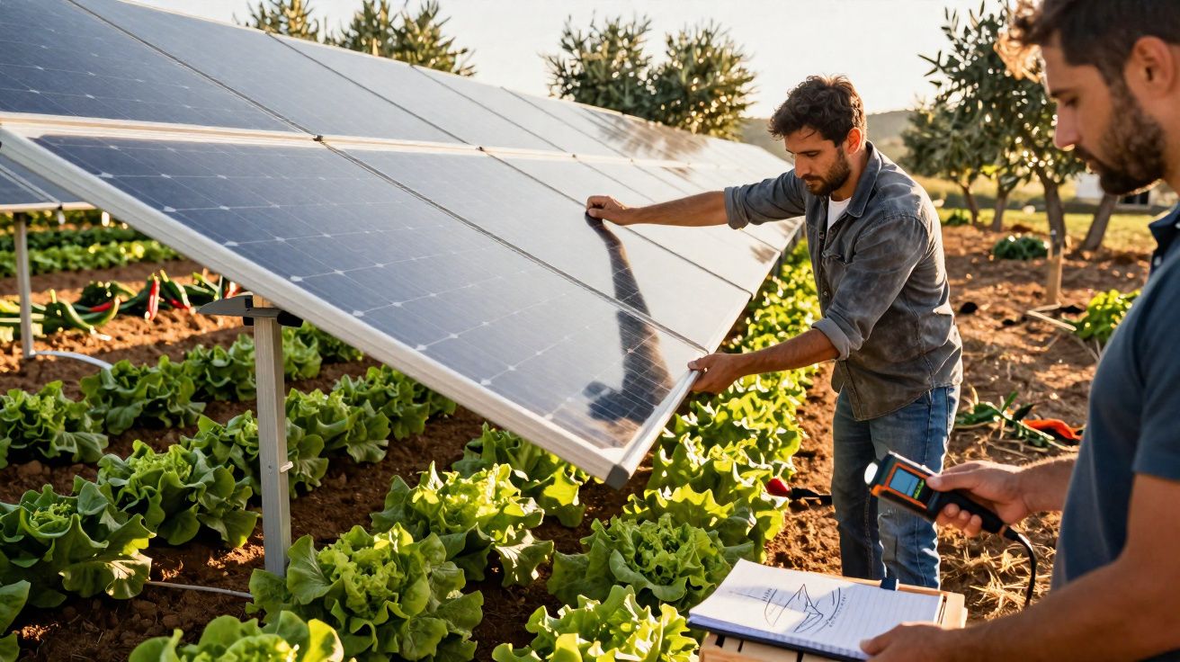 Dois homens inspecionam e medem painéis solares instalados sobre cultivo de alface numa horta ao ar livre.
