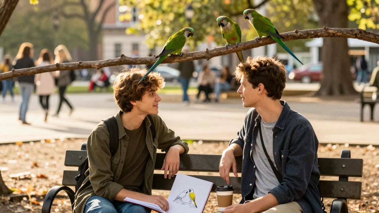 Dois jovens sentados num banco de parque, com papagaios verdes pousados num ramo acima deles.