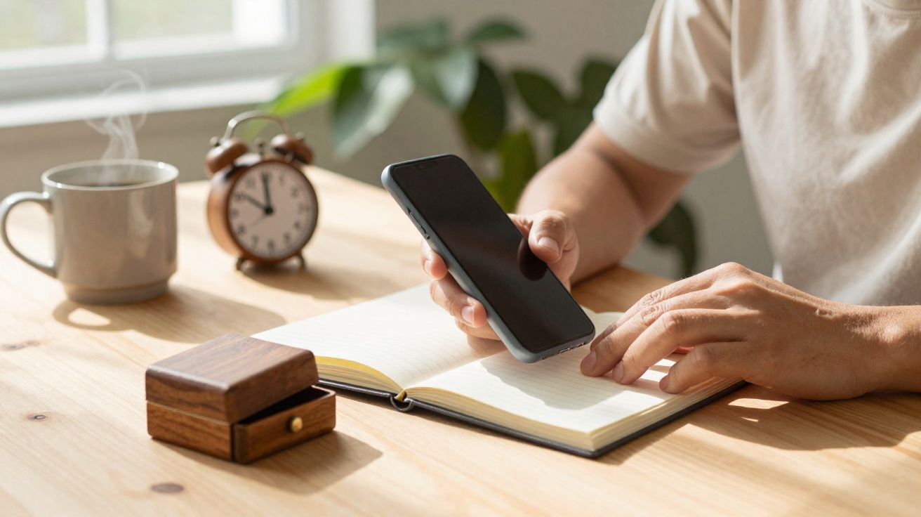 Pessoa a usar telemóvel e a escrever numa agenda numa mesa com café, relógio despertador e caixa de madeira.