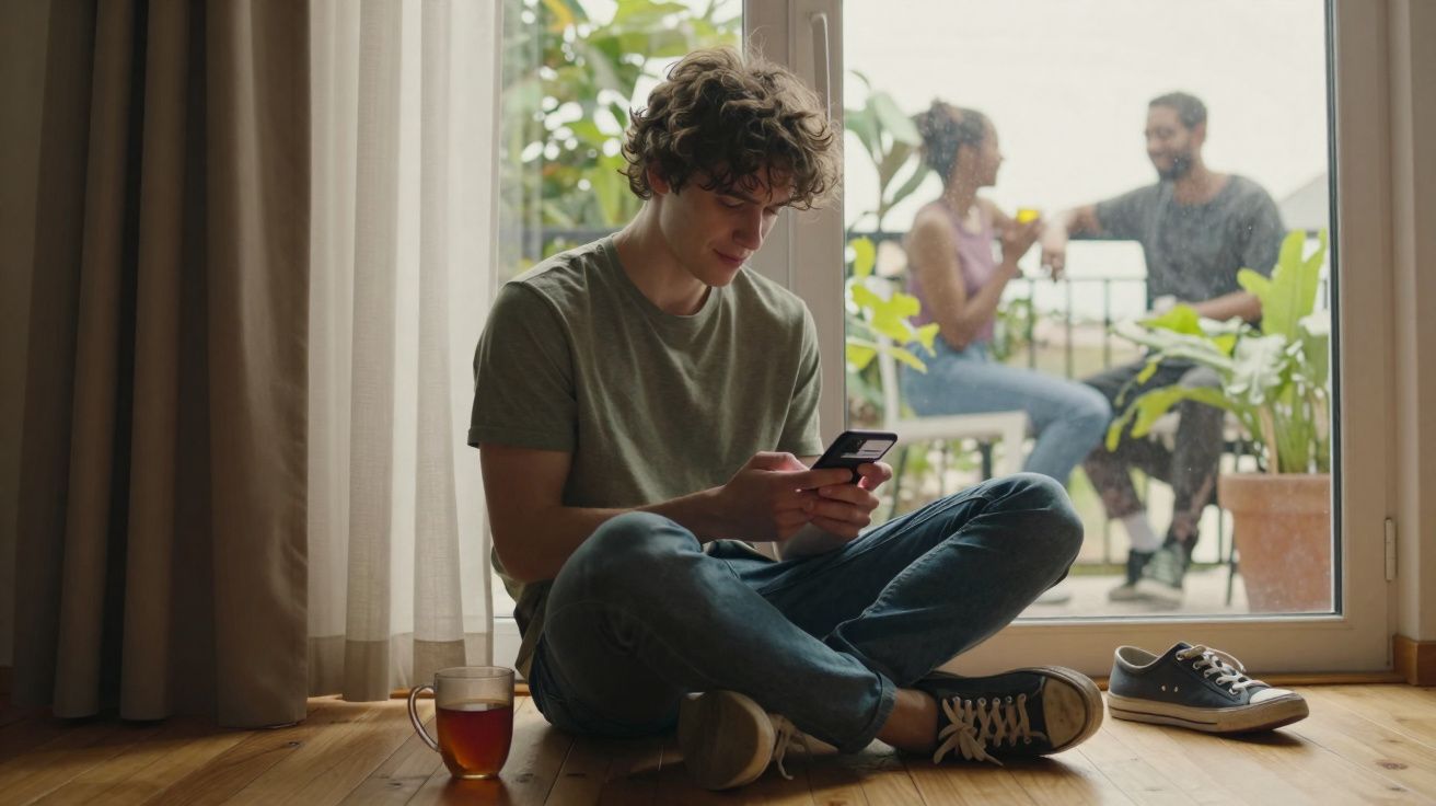 Jovem sentado no chão a usar telemóvel, com chá ao lado, enquanto casal conversa na varanda ao fundo.