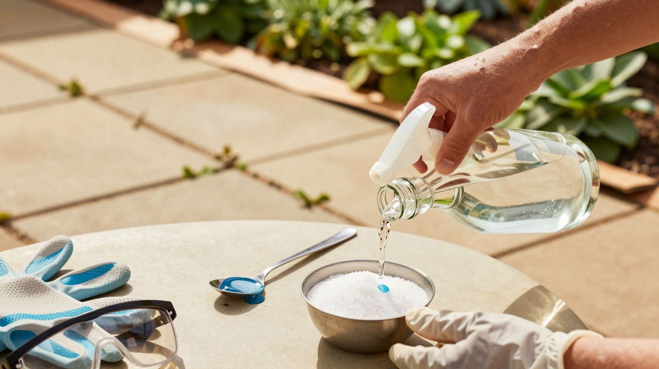 Pessoa a verter líquido de borrifador numa tigela com pó branco numa mesa ao ar livre.