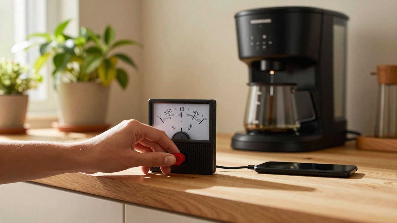 Mão ajusta botão vermelho em medidor analógico numa bancada de cozinha com cafeteira e telemóvel.