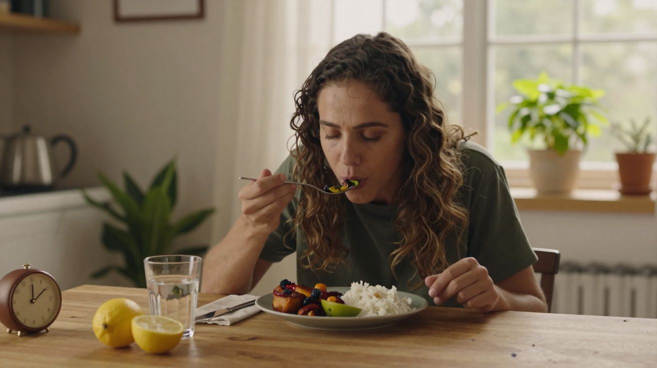 Mulher com cabelos ondulados a comer uma refeição com arroz, legumes e fruta numa cozinha luminosa.
