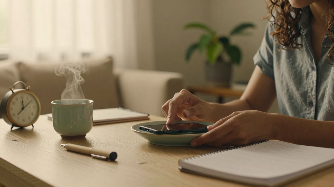 Pessoa a usar telemóvel numa mesa com caderno, caneta, chá quente e relógio despertador.