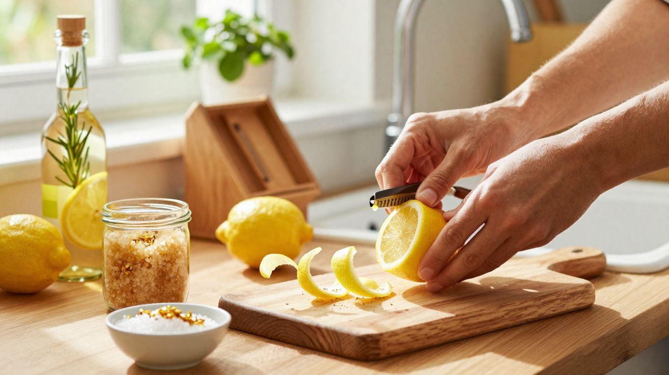 Pessoa a cortar casca de limão numa tábua de madeira numa cozinha com ingredientes ao redor.