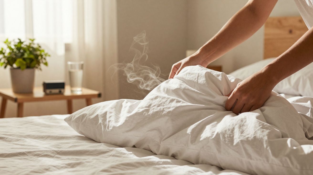 Pessoa a esticar lençóis brancos num quarto iluminado com vapor a sair da almofada.