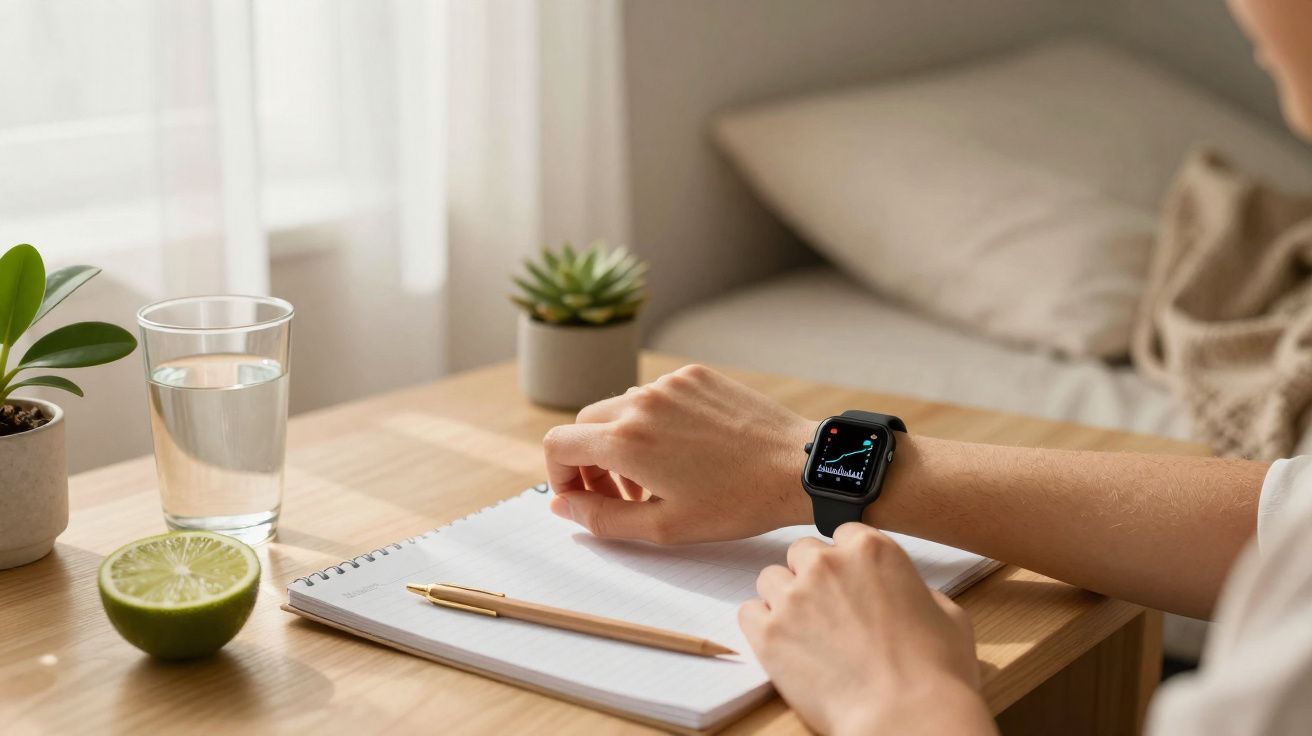 Pessoa a olhar para um relógio inteligente enquanto escreve num caderno numa mesa com limão, plantas e copo de água.