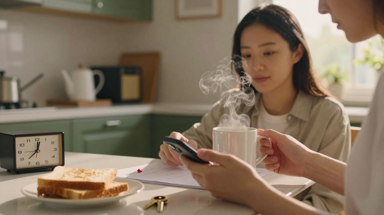 Pessoa com chá quente e outra com telemóvel numa cozinha, ao lado de torradas e relógio.