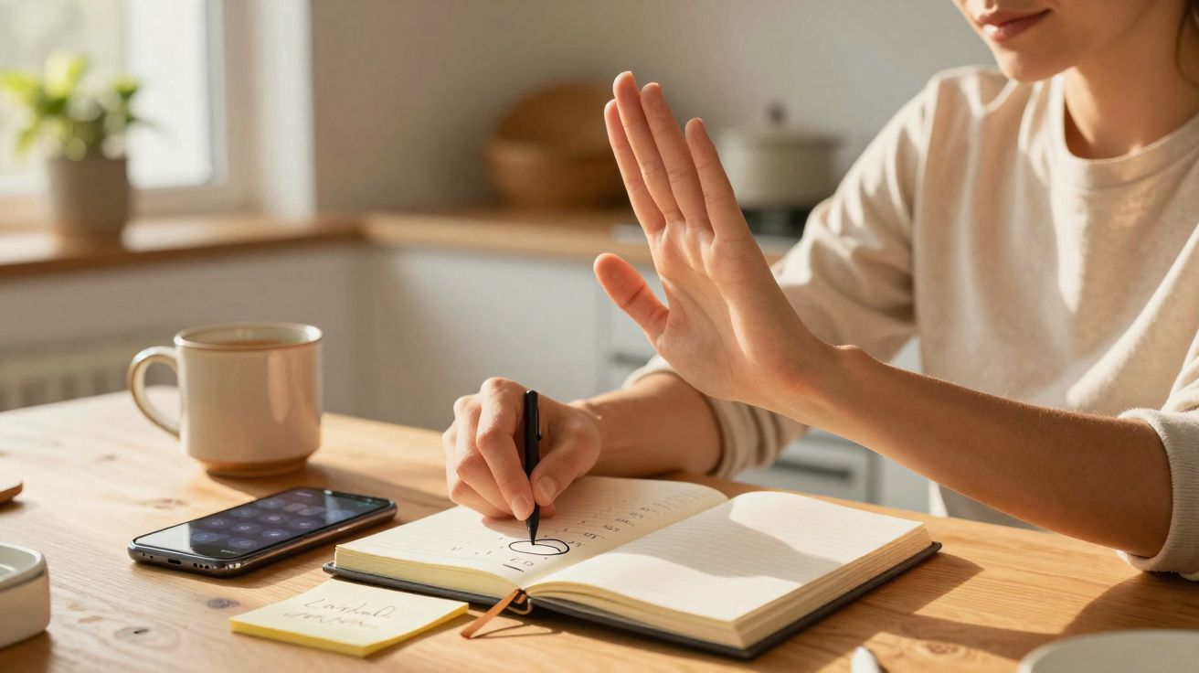 Pessoa a recusar usar telemóvel enquanto escreve num caderno numa mesa com mala e chávena.