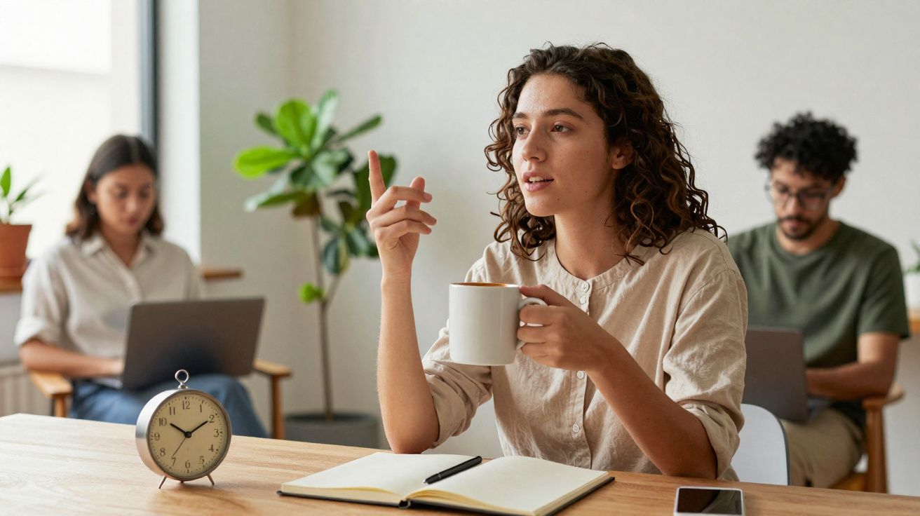 Mulher sentada a beber café, gesticulando, com caderno aberto numa mesa, e duas pessoas ao fundo a trabalhar.