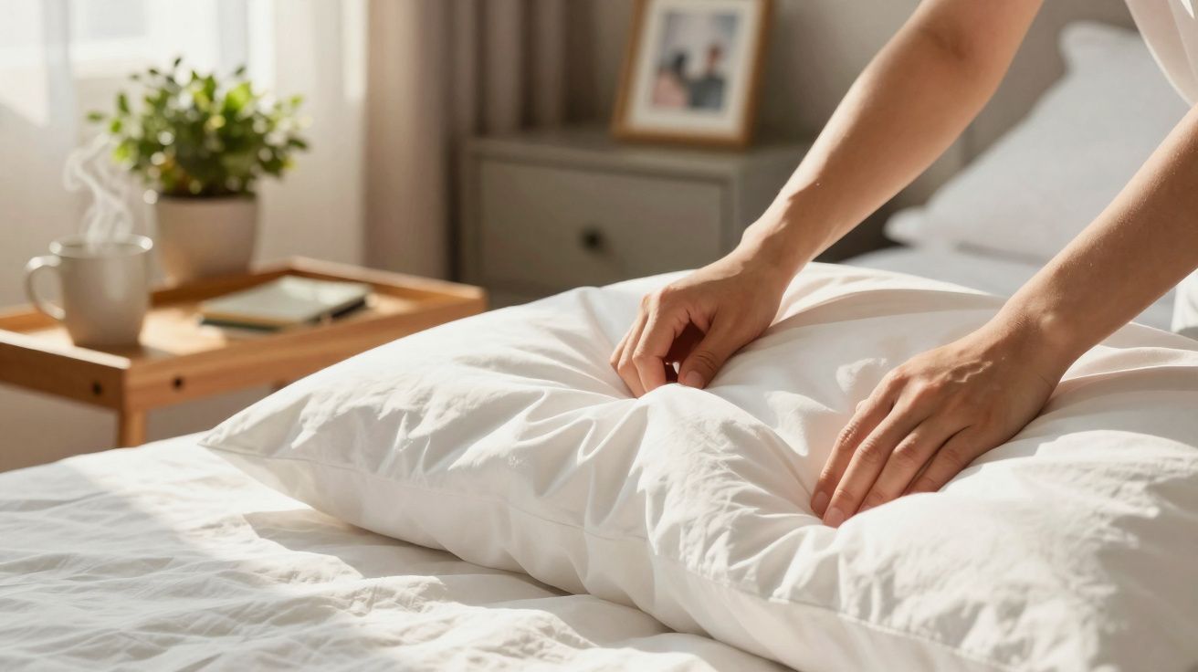 Mãos a arrumar ou alisar uma almofada branca numa cama com luz natural e móveis ao fundo.