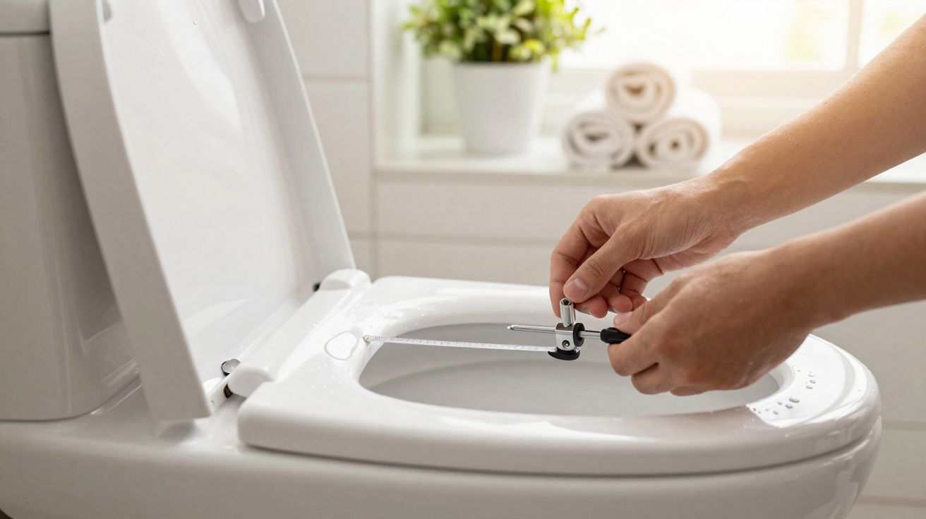 Pessoa a ajustar a medida de um assento de sanitário branco numa casa de banho iluminada.