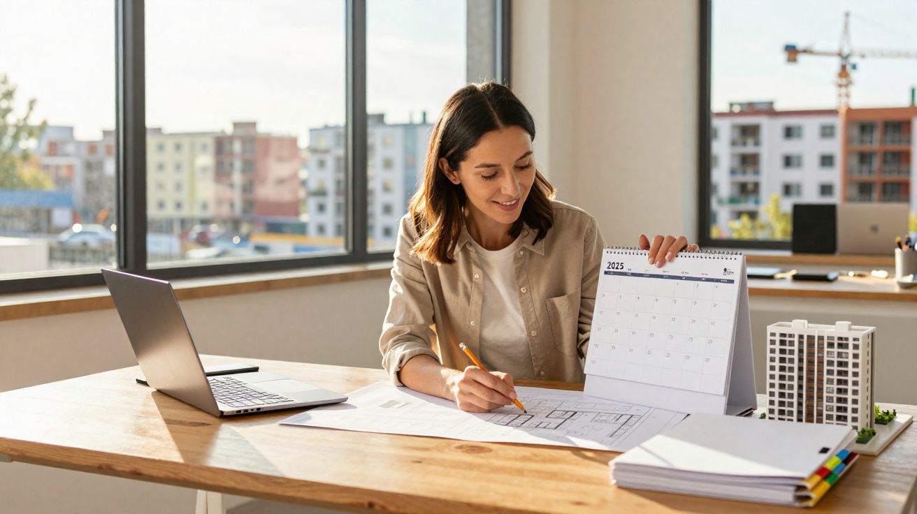Mulher sentada a desenhar plantas num escritório com calendário de 2025 e modelo de edifício na mesa.