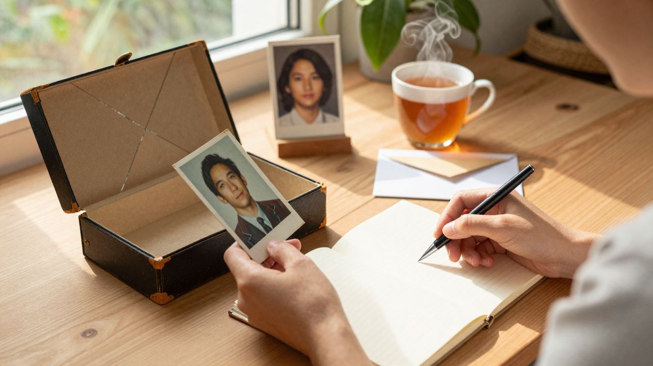 Pessoa segurando fotografia antiga, escrevendo num caderno ao lado de chá quente e outra foto em suporte.