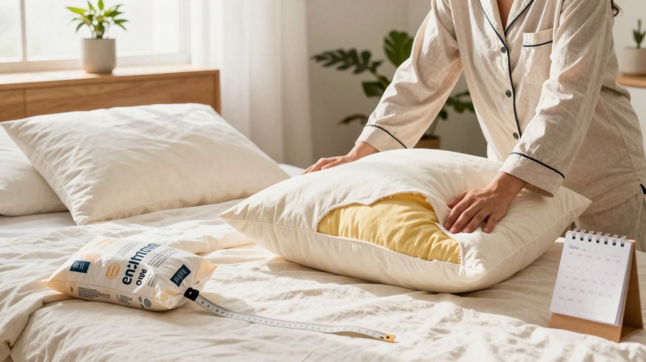 Pessoa a colocar enchimento antiácaros numa almofada num quarto iluminado e arrumado.