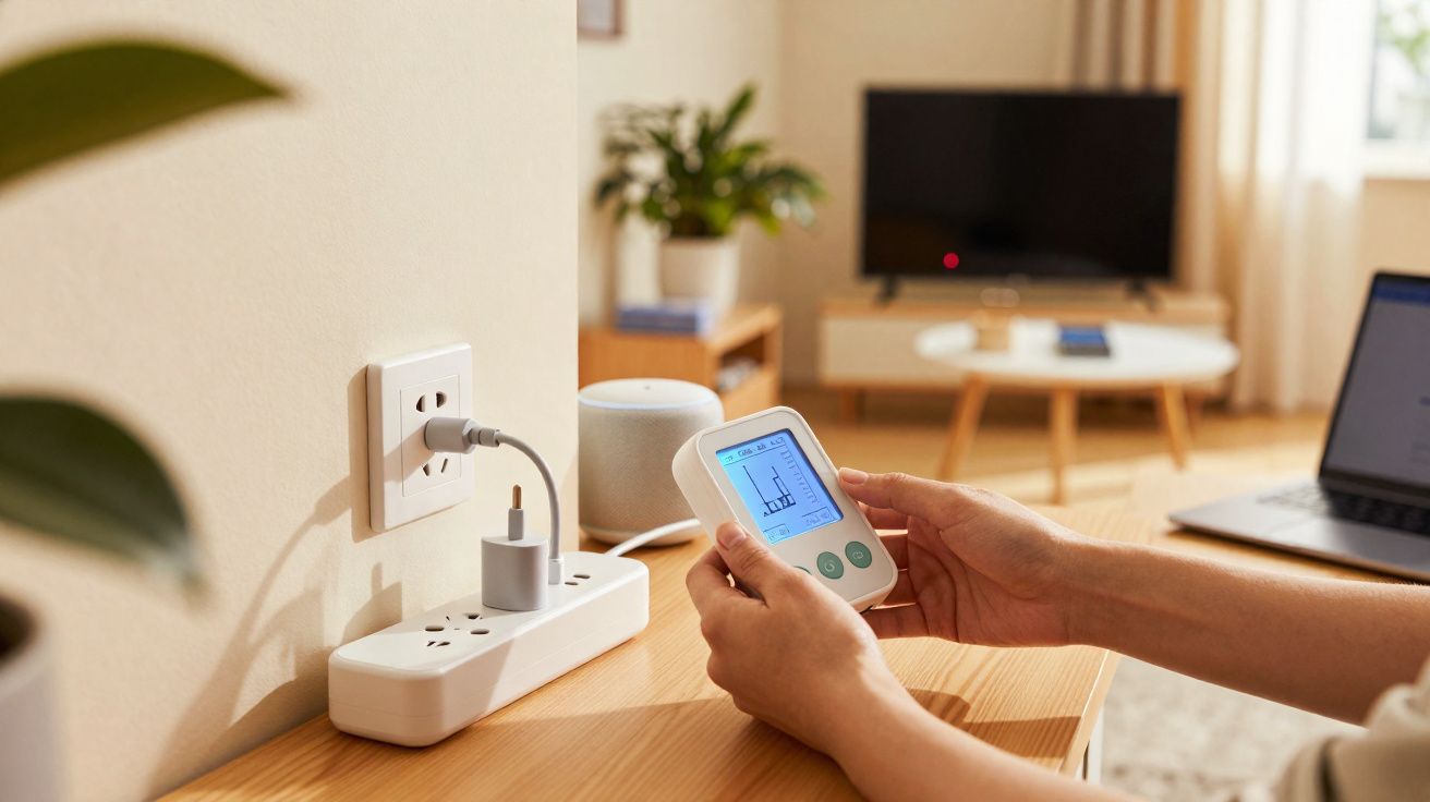 Pessoa a controlar o consumo de energia de dispositivos ligados a uma tomada numa sala de estar.