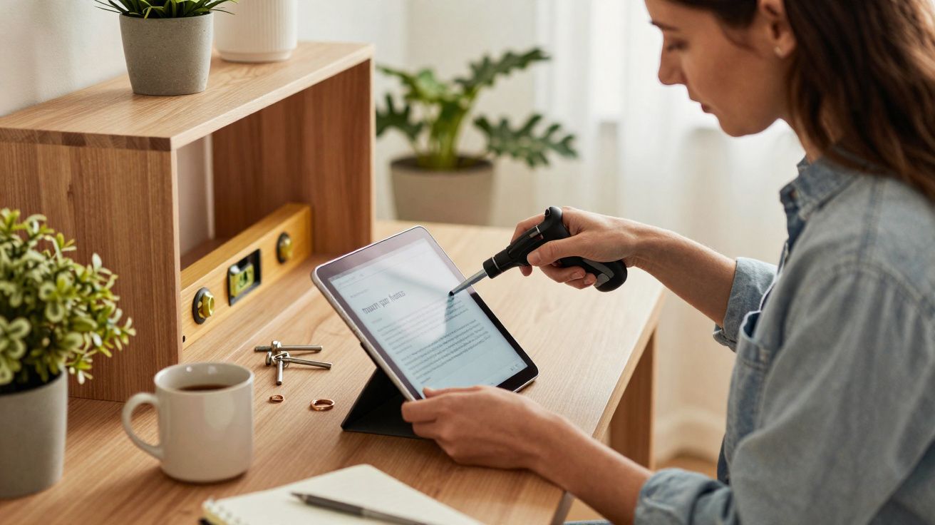 Pessoa a usar um tablet num ambiente de trabalho com plantas, caneca e objetos sobre a secretária.