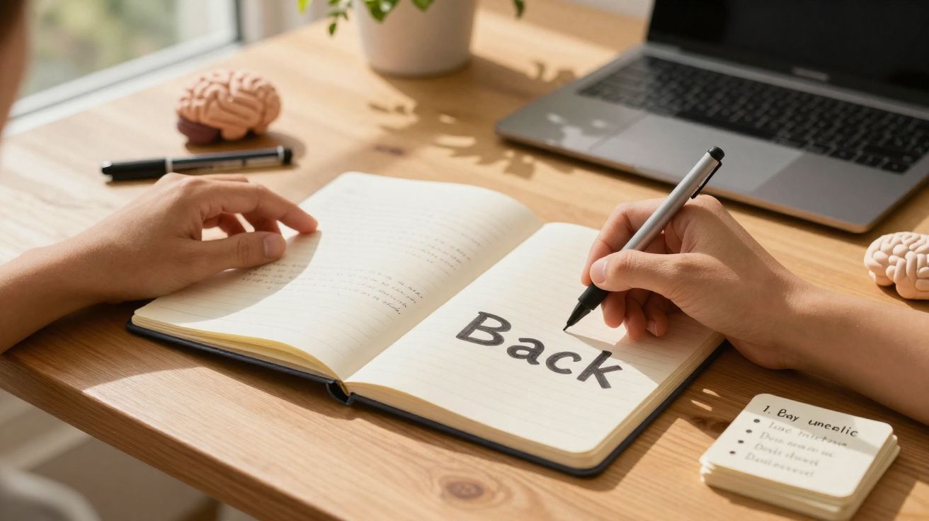Pessoa a escrever a palavra "Back" num caderno aberto sobre uma secretária de madeira, com computador portátil.