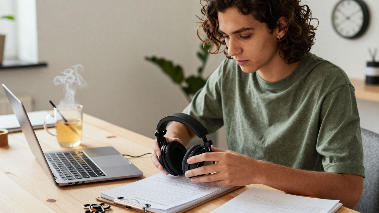 Jovem sentado a estudar, segurando auscultadores, com computador portátil e chá quente numa mesa de madeira.