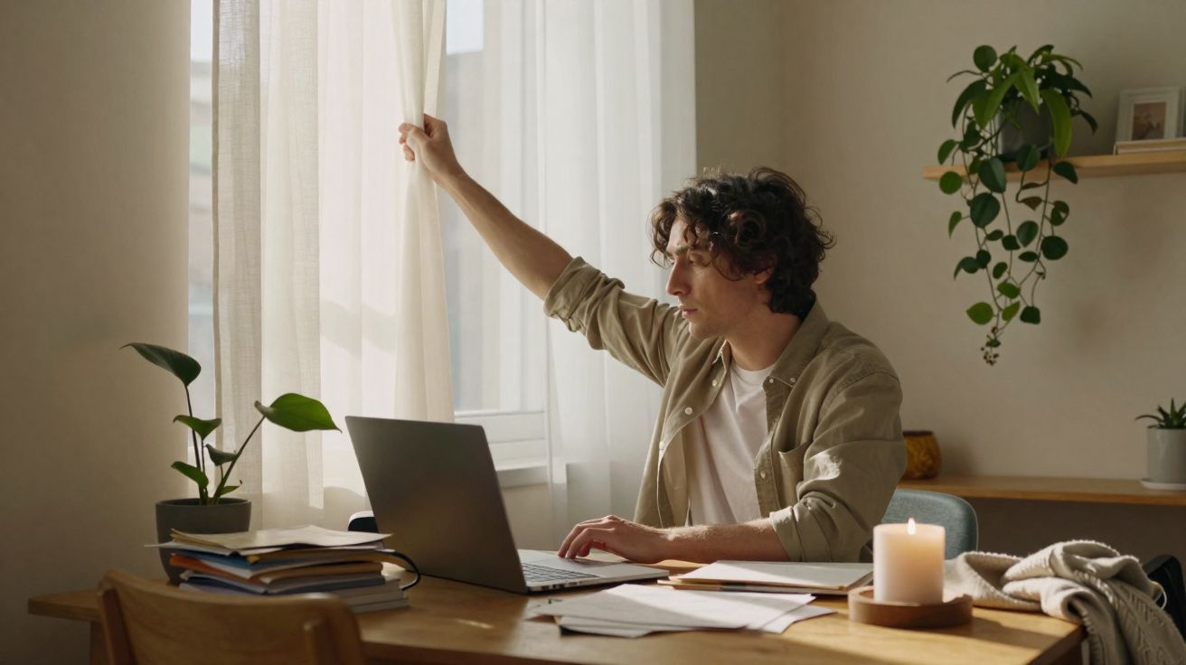Homem a abrir cortinas de uma janela enquanto trabalha no portátil numa mesa com livros e vela acesa.
