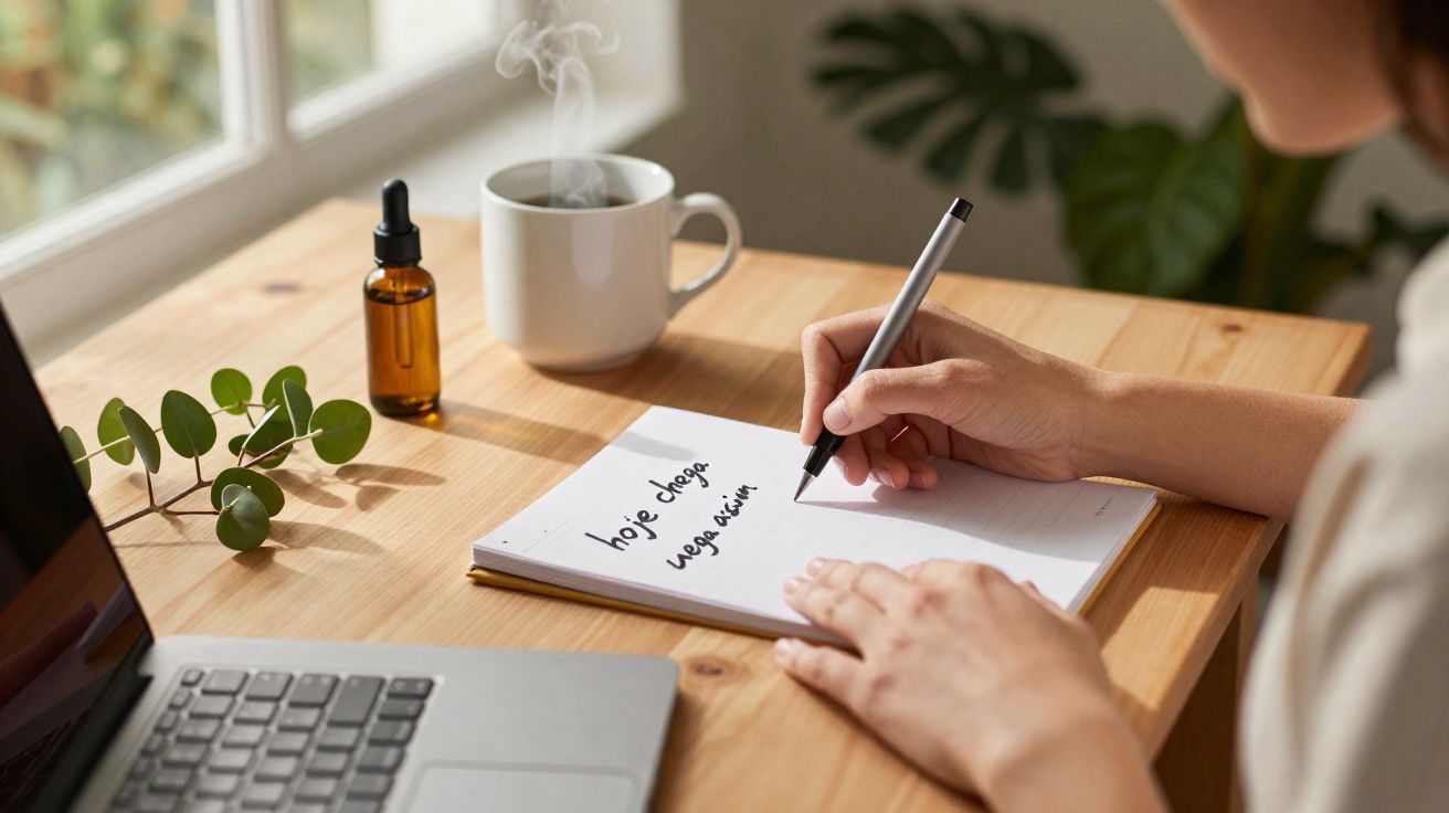 Pessoa a escrever numa agenda numa secretária com computador, chá quente e planta.