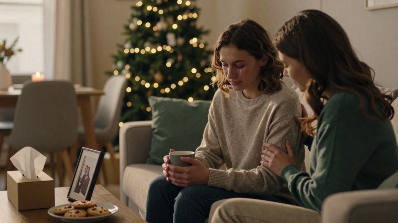 Duas mulheres sentadas no sofá, uma consola a outra que chora, com árvore de Natal ao fundo.