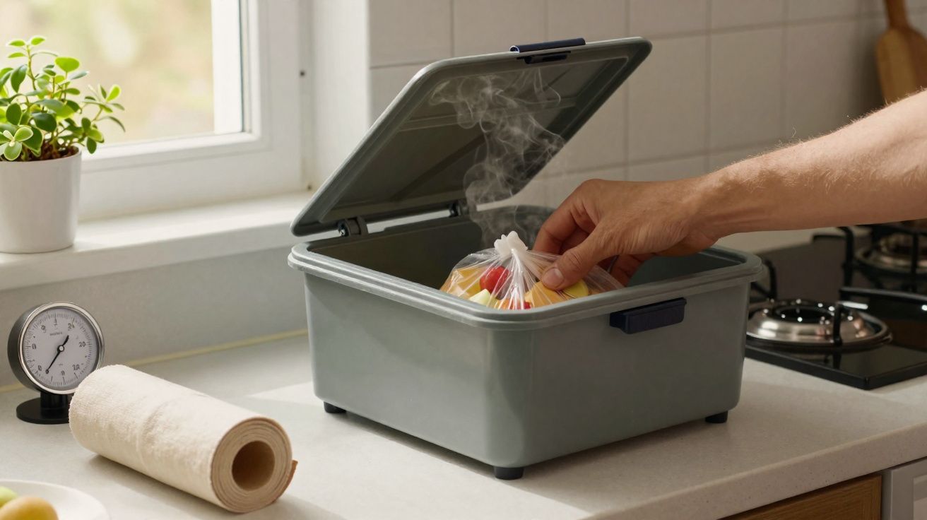 Mão a retirar saco plástico fumegante de caixa de cozimento a vapor na cozinha.