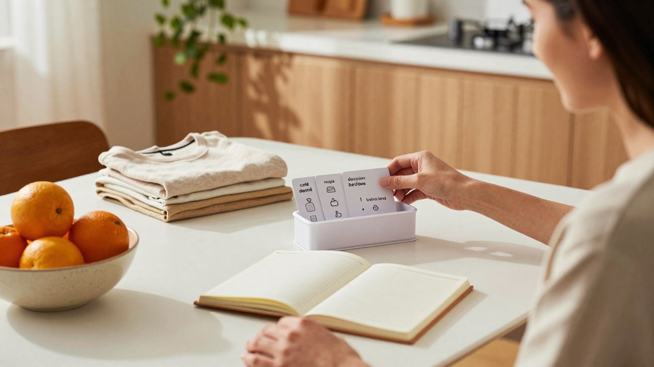 Pessoa a organizar roupas dobradas numa mesa com lista de compras e fruteira com laranjas numa cozinha.