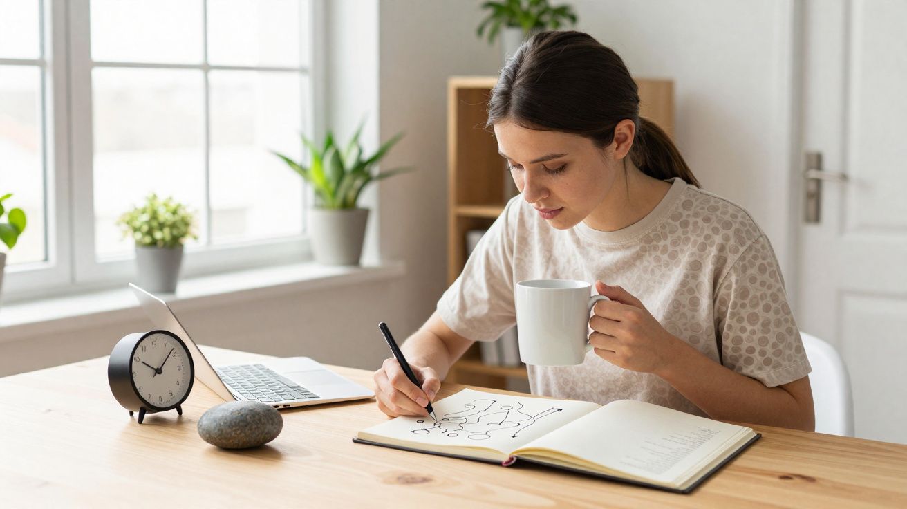 Mulher a desenhar num caderno e a segurar uma caneca, sentada à mesa com computador e relógio ao lado.