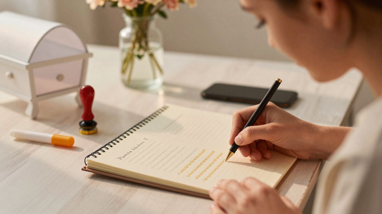 Pessoa a escrever num caderno espiral sobre mesa com telefone, carimbo, marcador e jarra de flores ao fundo.