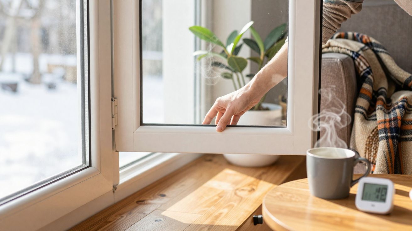 Mão a abrir janela para o lado numa sala com chá quente, planta e mantas num ambiente acolhedor de inverno.