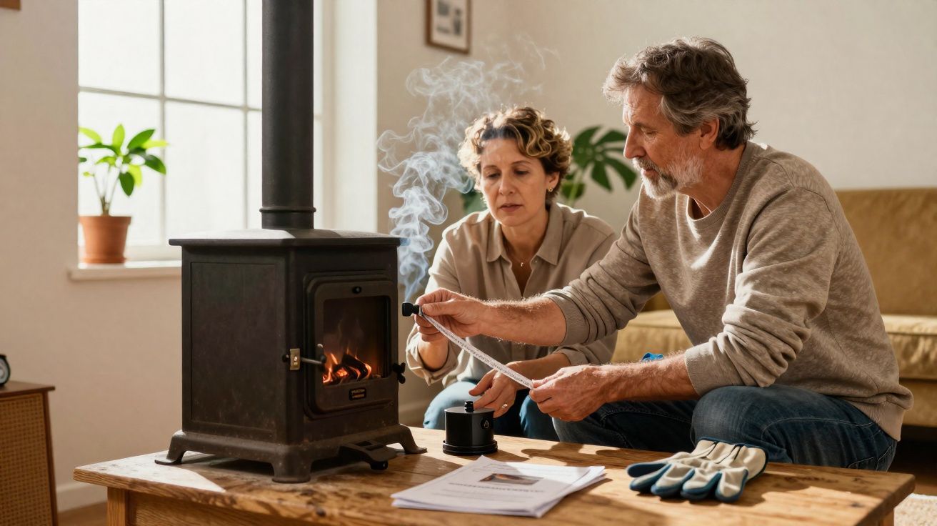 Casal adulto a acender uma lareira a lenha numa sala luminosa e acolhedora.