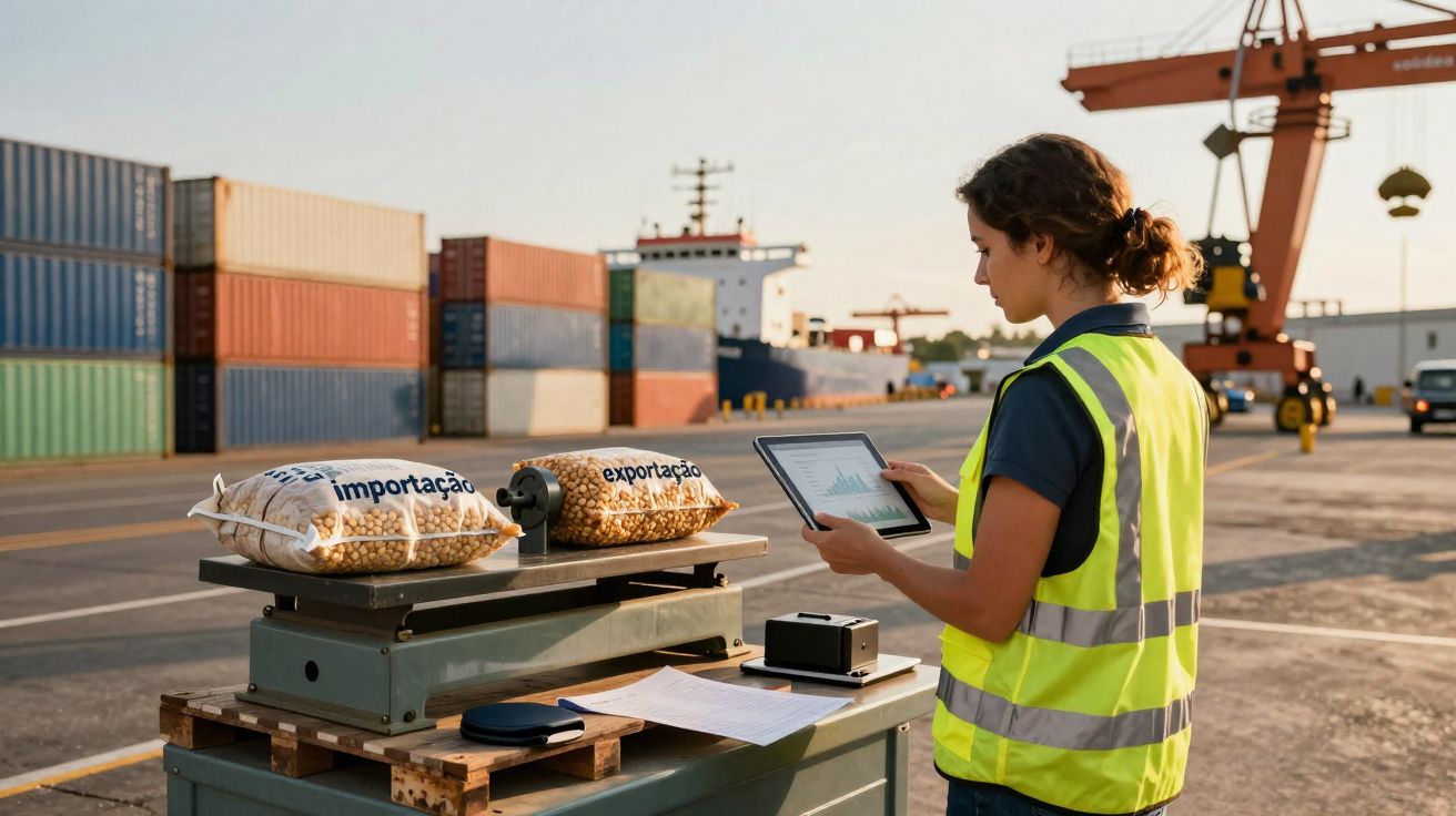 Mulher com colete refletor controla exportação e importação num porto com contentores ao fundo.