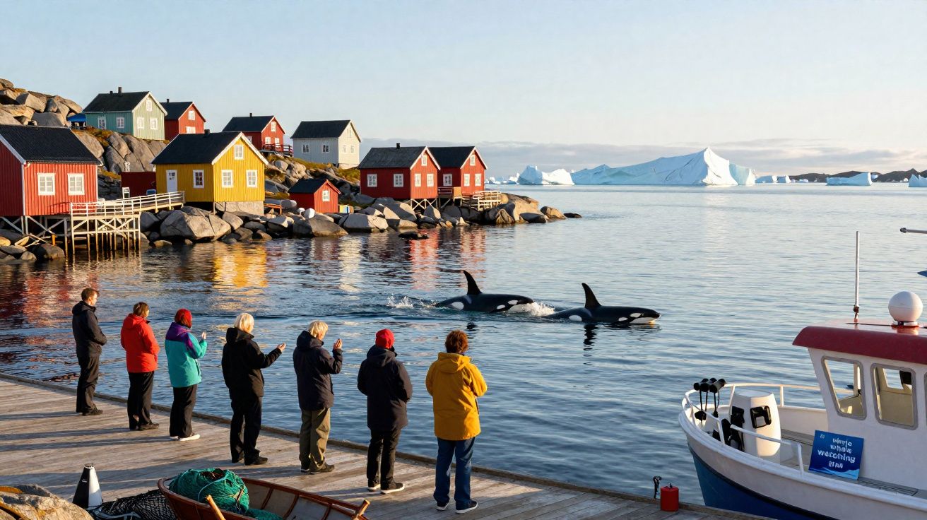 Pessoas observando duas orcas nadando junto a casas coloridas e icebergs numa costa iluminada ao pôr do sol.