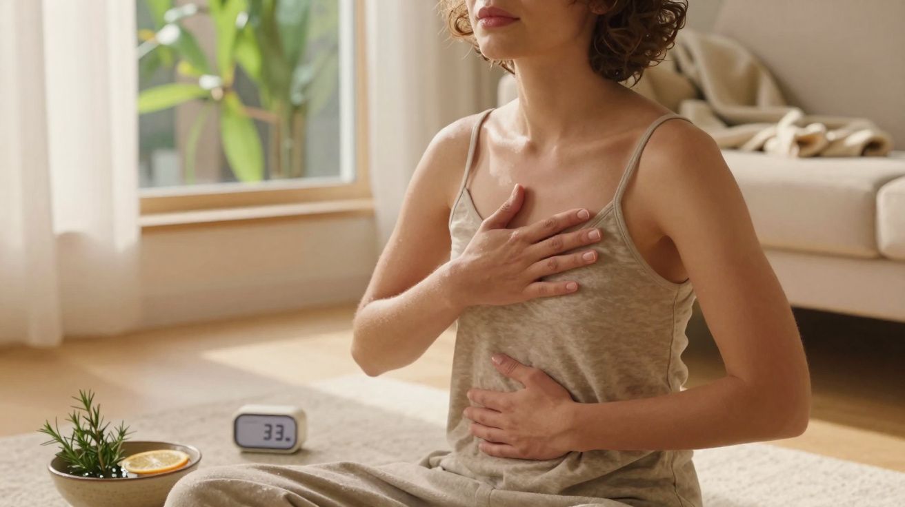 Mulher sentada em posição de meditação em casa com mãos no peito e no abdómen, ao lado de planta e relógio digital.