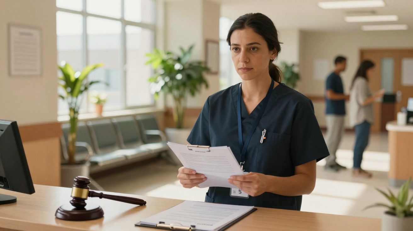 Enfermeira com uniforme azul a ler documentos numa receção de hospital, com martelo de juiz em cima do balcão.