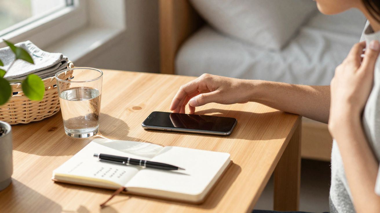 Pessoa sentada numa mesa de madeira com telemóvel, caderno, caneta e copo de água num ambiente iluminado pela luz natural.