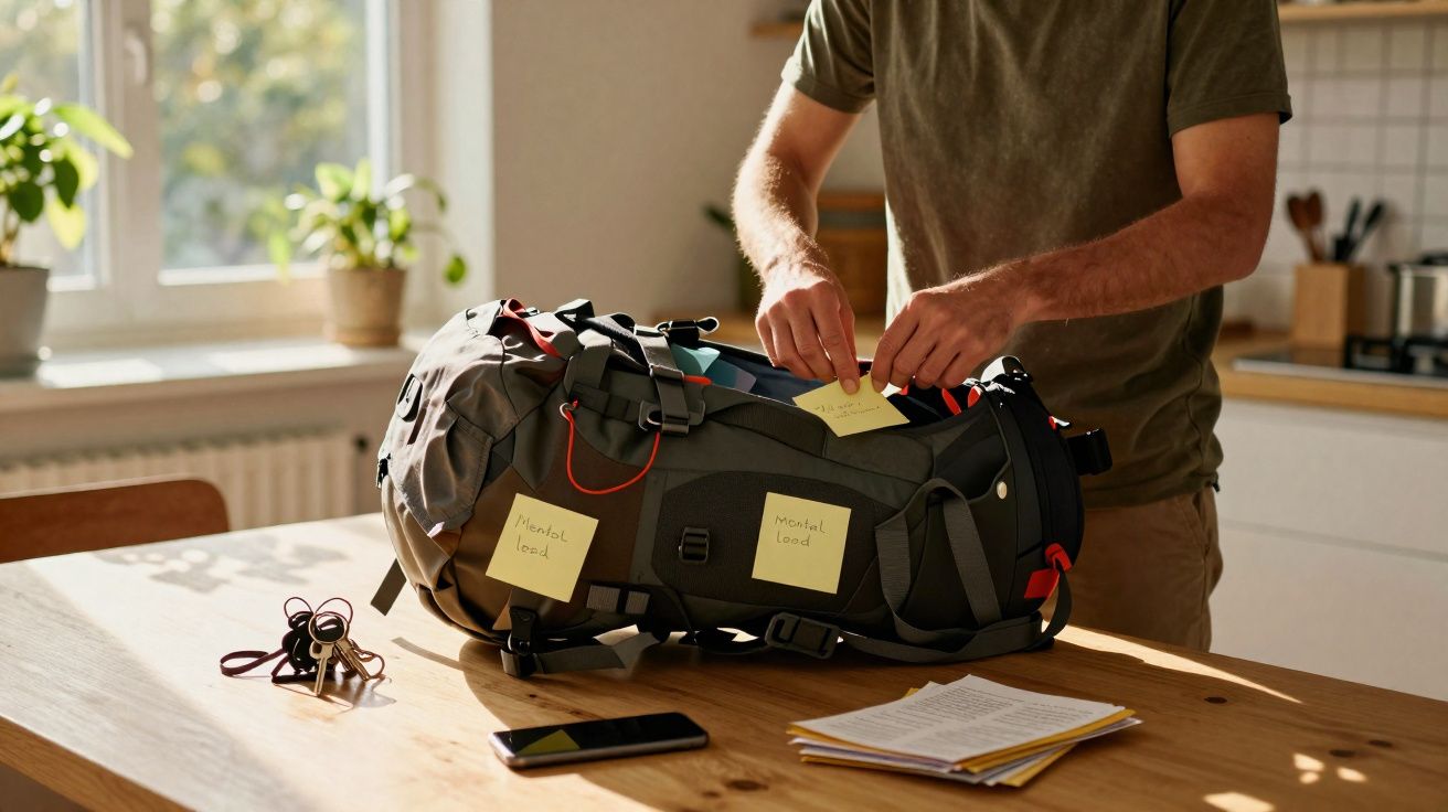 Pessoa a colocar notas autocolantes numa mochila preta numa cozinha bem iluminada.