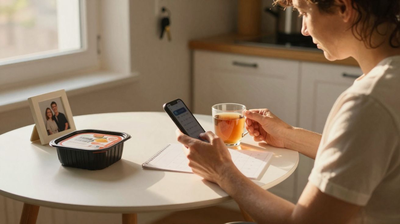 Pessoa a segurar chá numa chávena e a consultar o telemóvel numa mesa com marmita e fotografia.