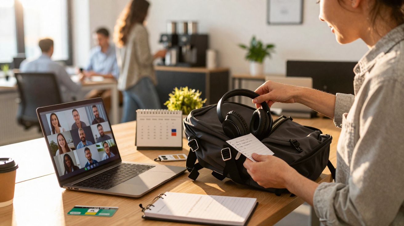 Pessoa a organizar auscultadores com chamada de vídeo em laptop numa mesa de escritório partilhado.