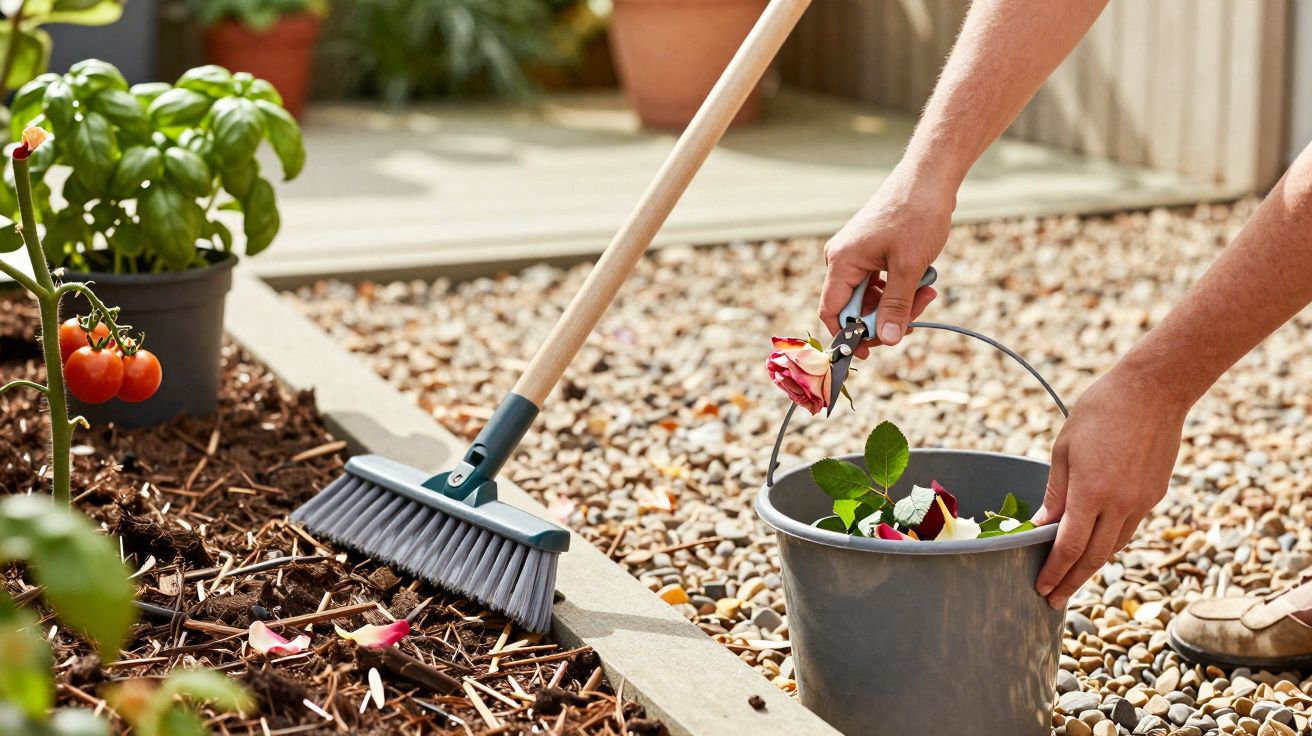 Pessoa a apanhar pétalas murchas de rosas com tesoura, com vassoura e balde no jardim.