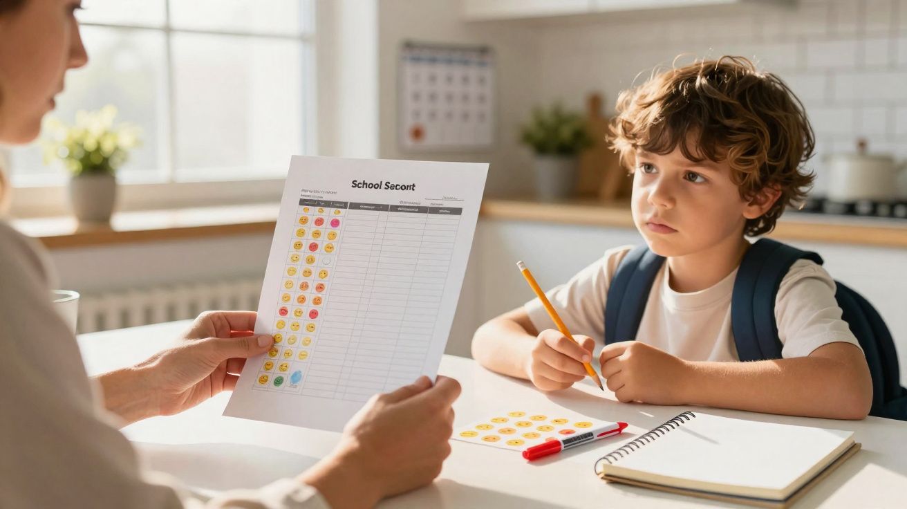 Criança sentada com mochila à frente, olhando para adulto que mostra mapa escolar com emoticons coloridos.