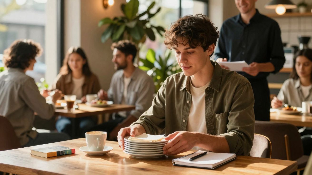 Jovem sentado numa mesa de café a arrumar pratos, com caderno e caneta à frente, enquanto outras pessoas conversam.