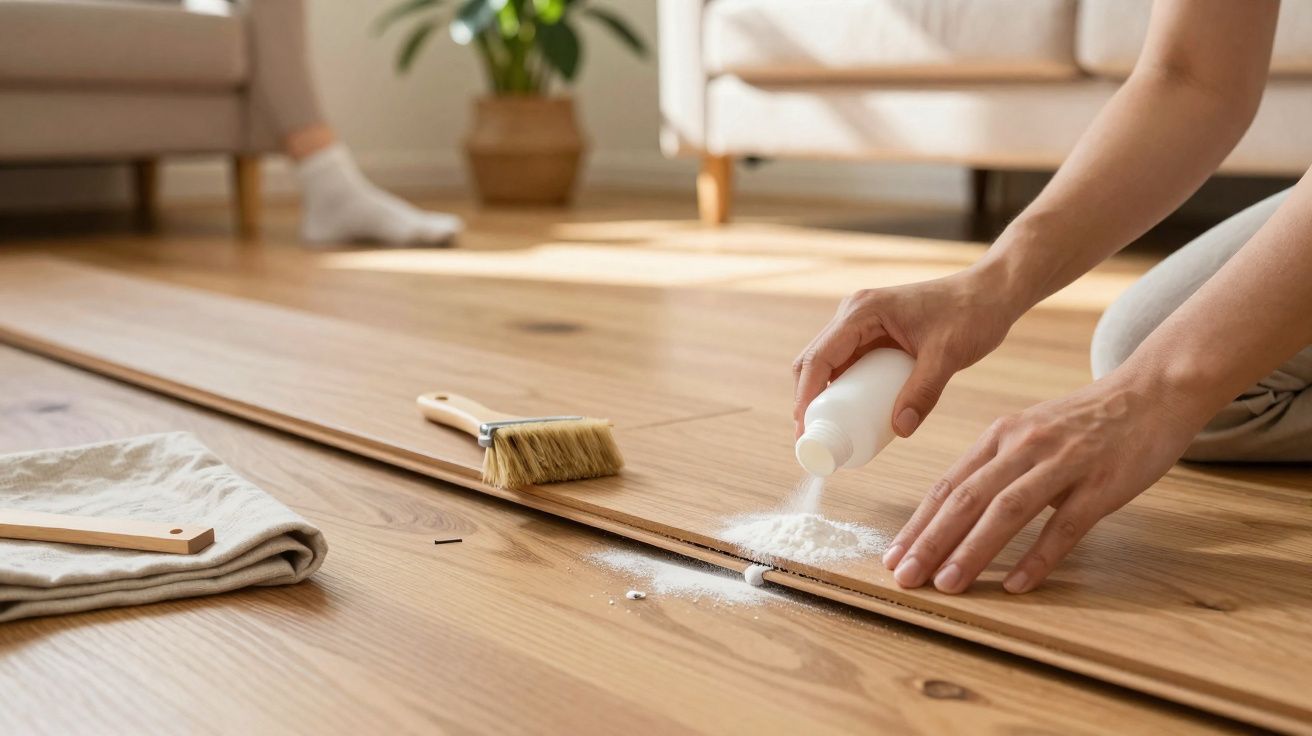 Pessoa a aplicar pó branco na madeira para reparar o piso de parquet num chão de sala iluminada.