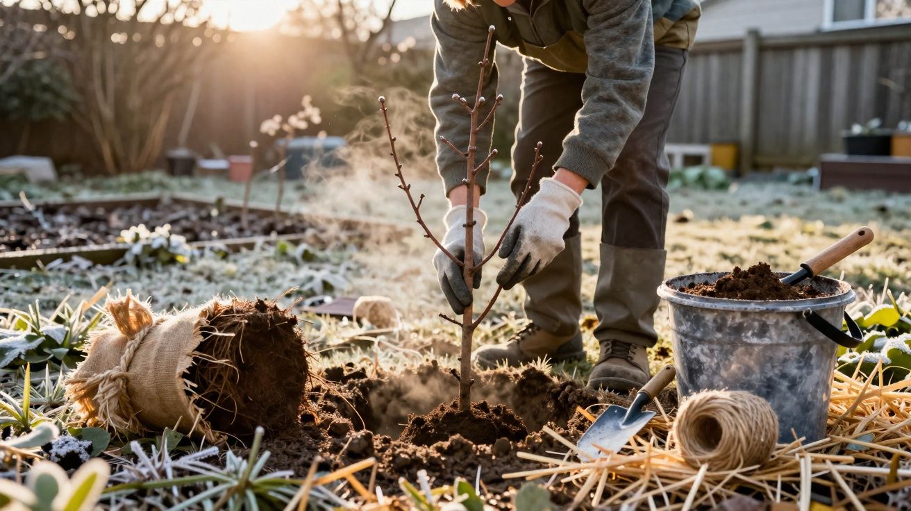 Pessoa a plantar uma árvore jovem num jardim com solo coberto de geada e ferramentas de jardinagem.