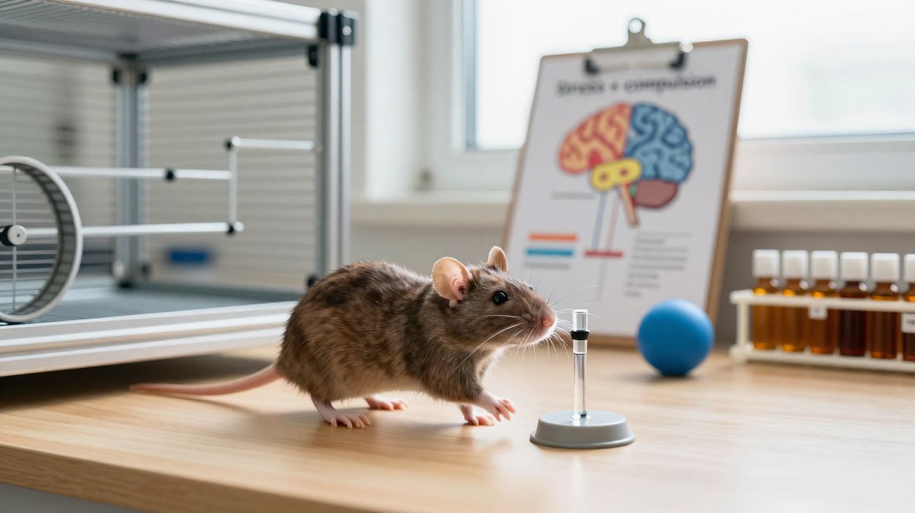 Rato cinzento num laboratório com equipamentos e gráfico de cérebro ao fundo.