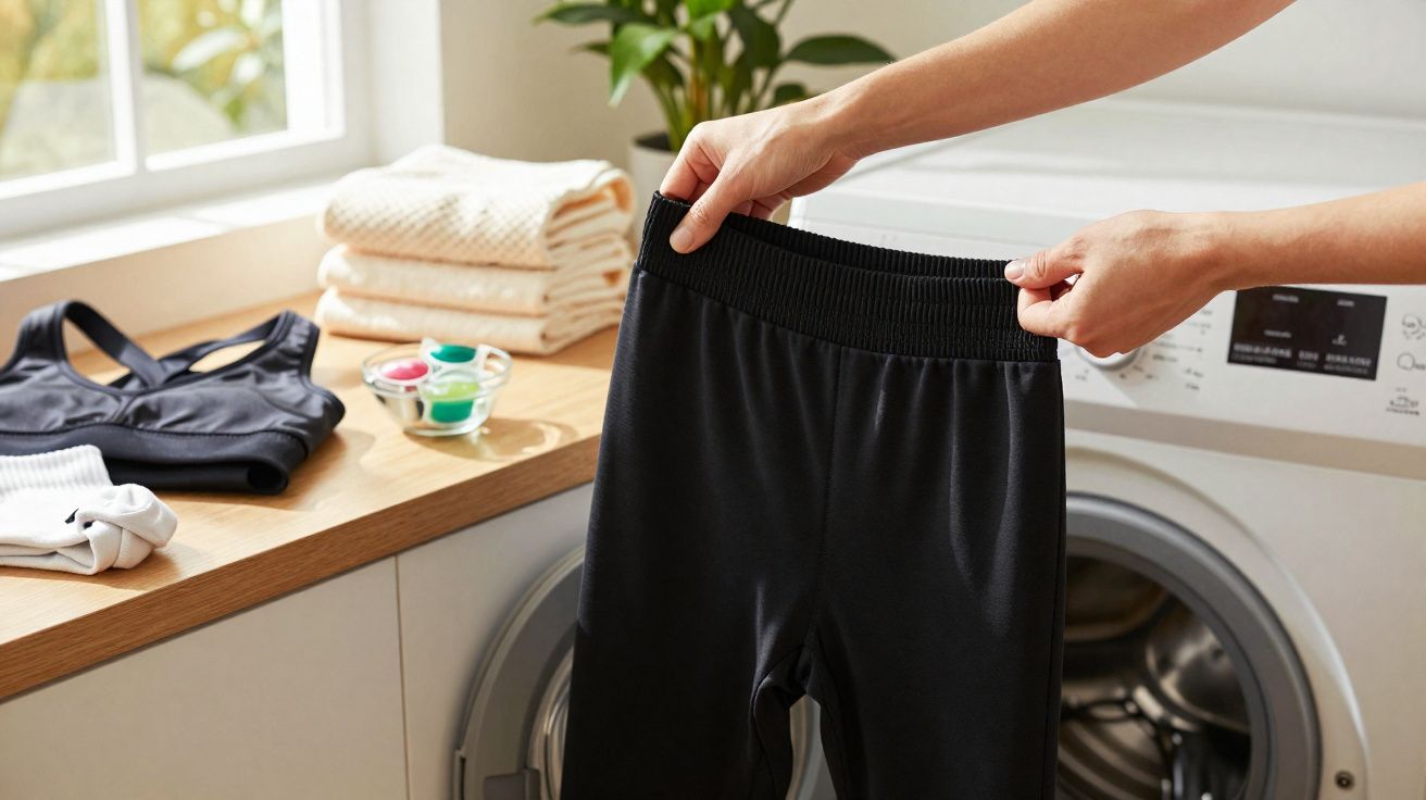 Pessoa a segurar umas calças pretas junto a uma máquina de lavar roupa numa lavandaria doméstica.