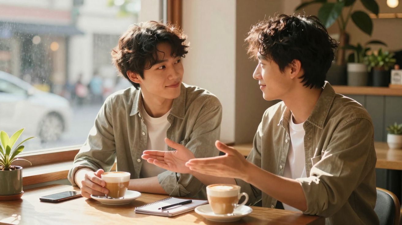 Dois homens conversam animadamente num café com bebidas à sua frente, junto a uma janela iluminada.