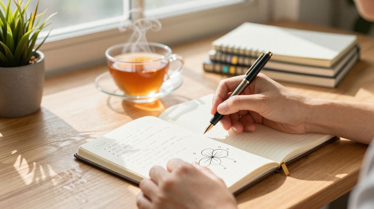 Pessoa a desenhar uma flor num caderno numa mesa com chá quente e um vaso de planta.